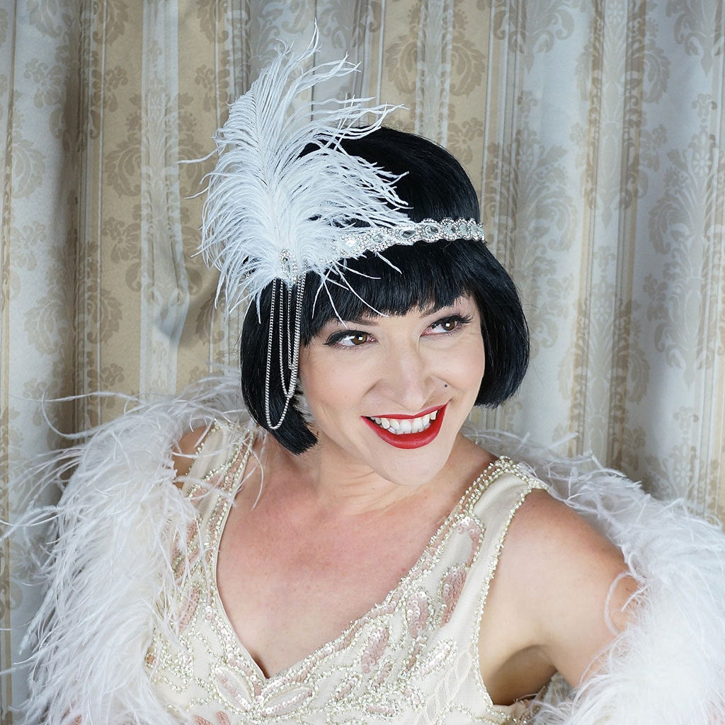 Feather Headband w/Chain tassel - White and Silver