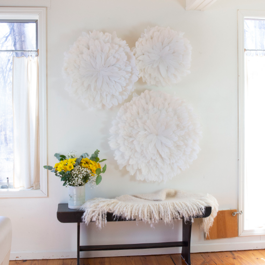 Unique Decorative Feather Wall Art Inspired by African JuJu Hats - Coral