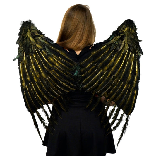 Custom Black and Gold Feather Evil Fairy Feather Wings - Raven Costume Accessory