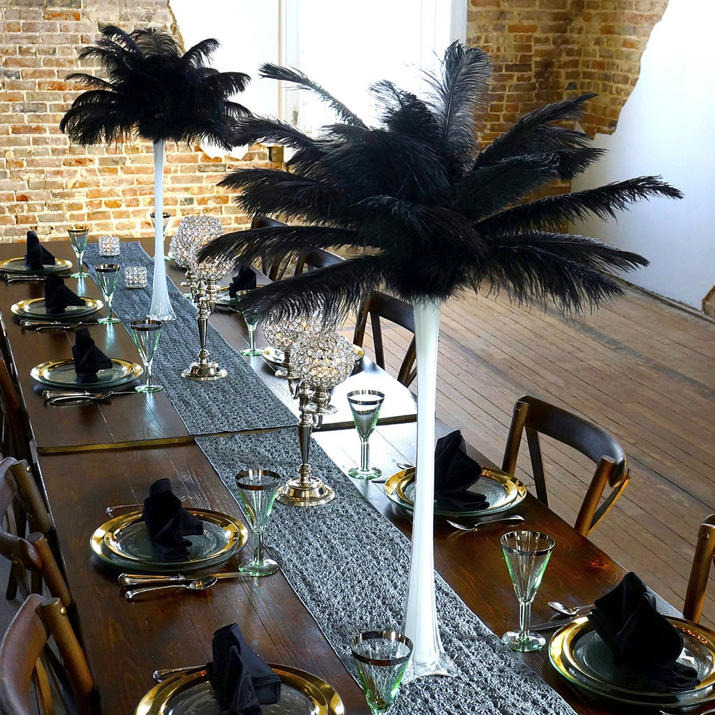 Ostrich Eiffel Tower Centerpiece Black w/White Vase