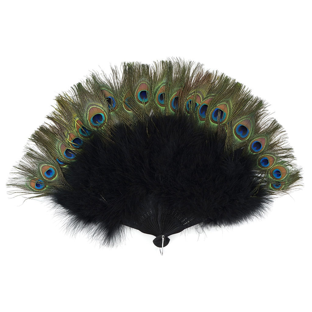 Marabou-Peacock Feather Fan - Black