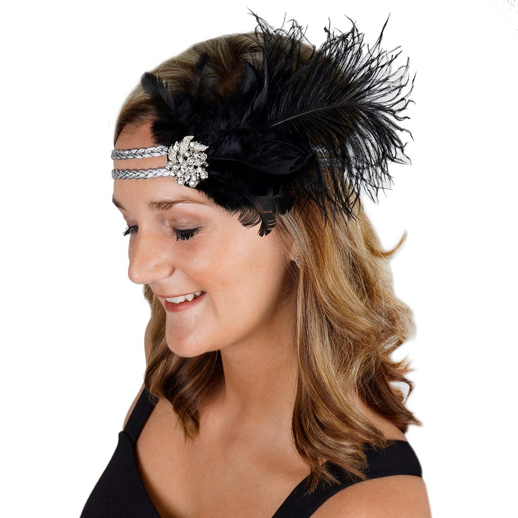 Feather Headband w/Ostrich/Schlappen Black/Silver