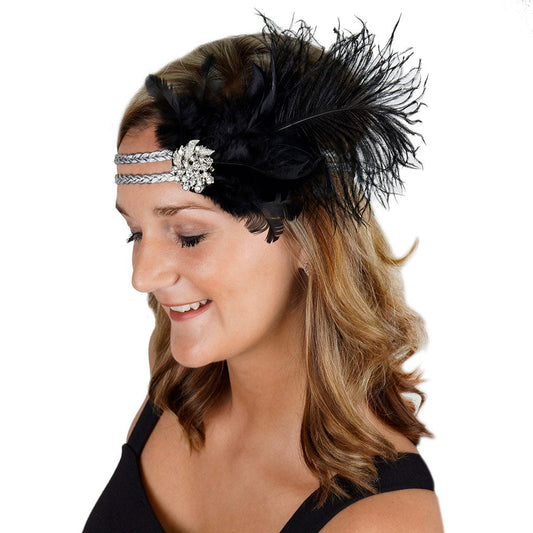 Feather Headband w/Ostrich/Schlappen Black/Silver