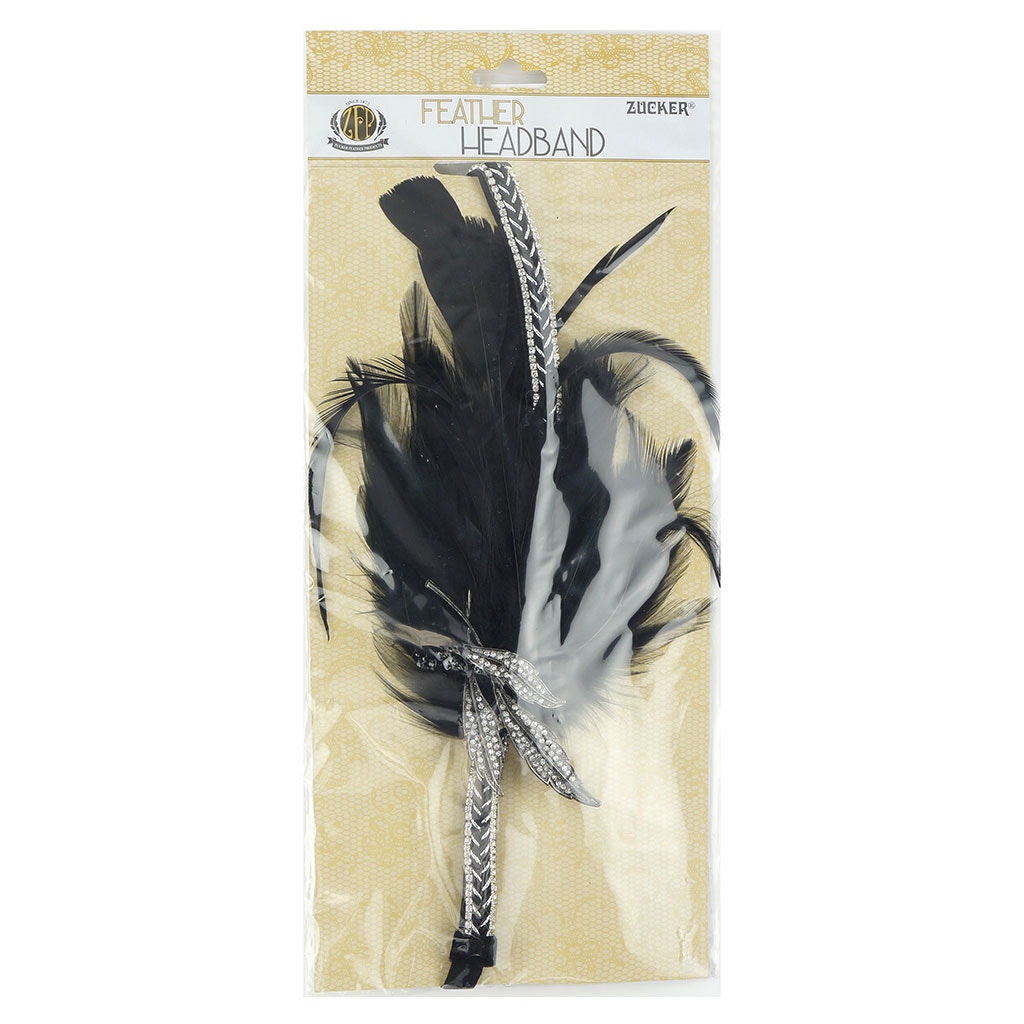 Gatsby Feather Headband w/Rhinestone Leaf - Black and Silver