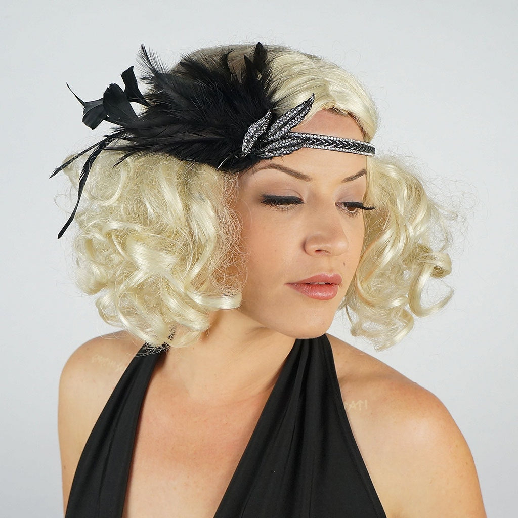 Gatsby Feather Headband w/Rhinestone Leaf - Black and Silver