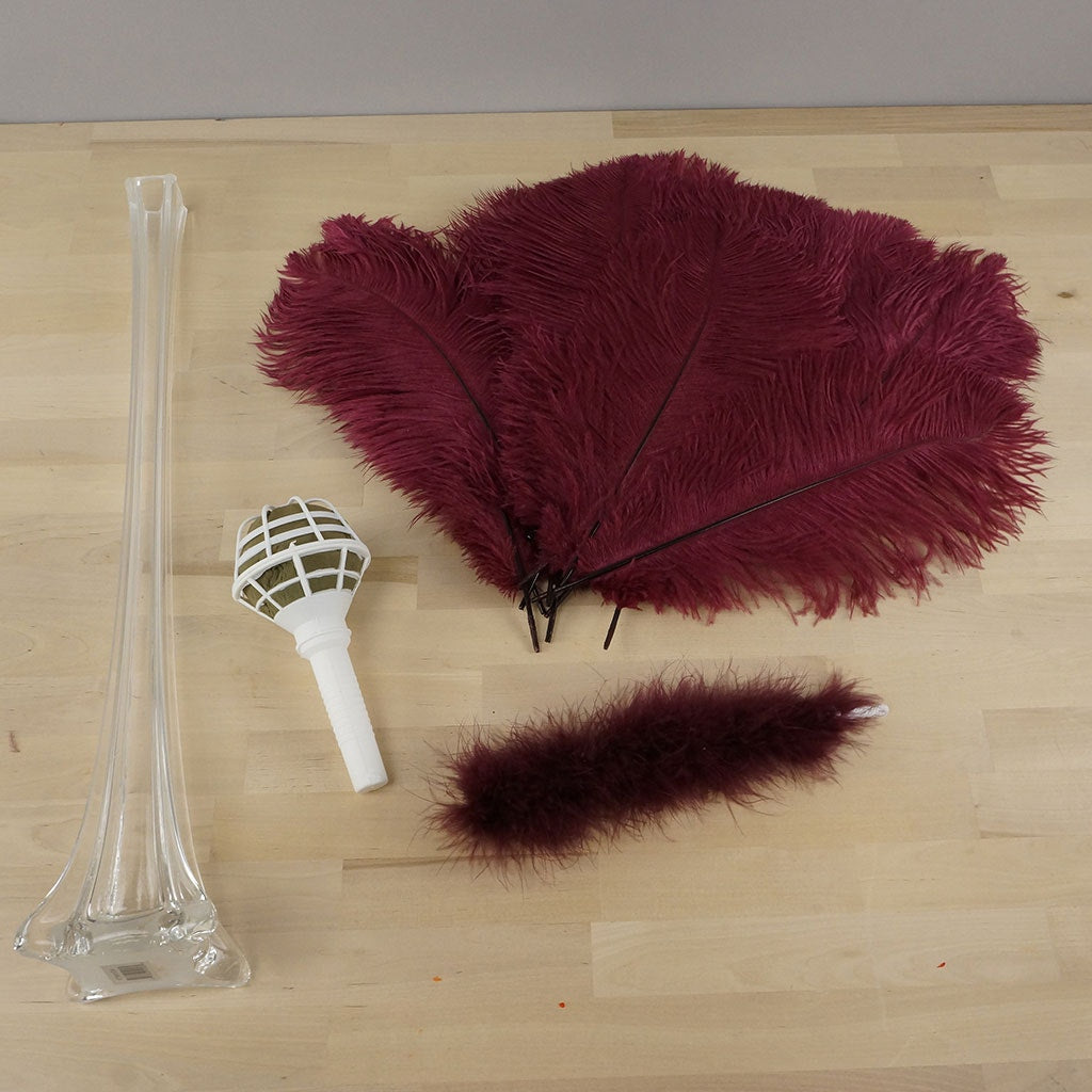 Ostrich Eiffel Tower Centerpiece Burgundy w/Clear Vase