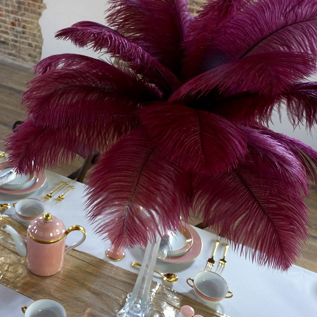 Ostrich Eiffel Tower Centerpiece Burgundy w/Clear Vase