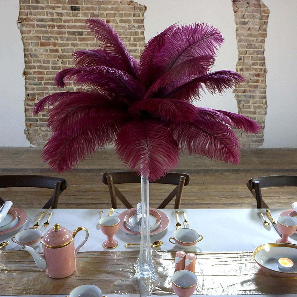 Ostrich Eiffel Tower Centerpiece Burgundy w/Clear Vase