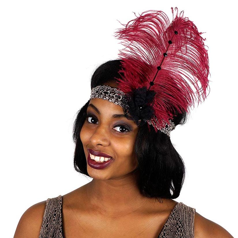 Ostrich Flapper Headband Burgundy/Grey/Black