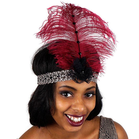Ostrich Flapper Headband Burgundy/Grey/Black
