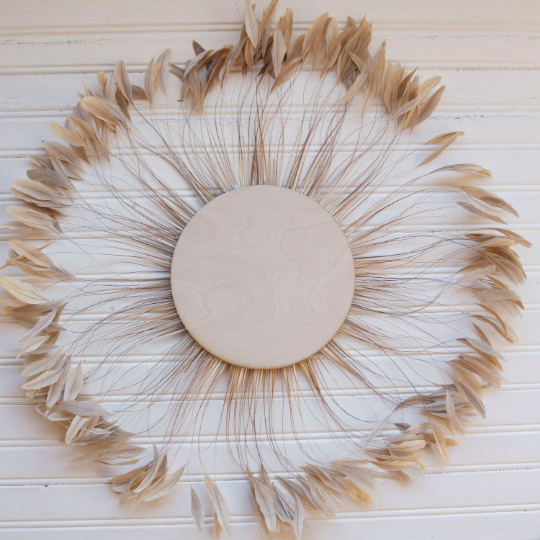 Beige Stripped Rooster Coque Tails Feather Wall Art
