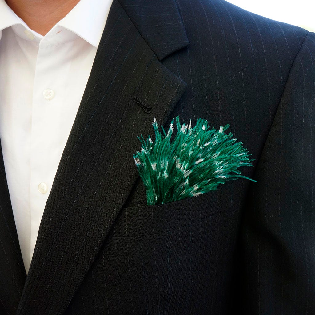 Stenciled Ostrich Pom Pom Corsage/Pin - Emerald/White