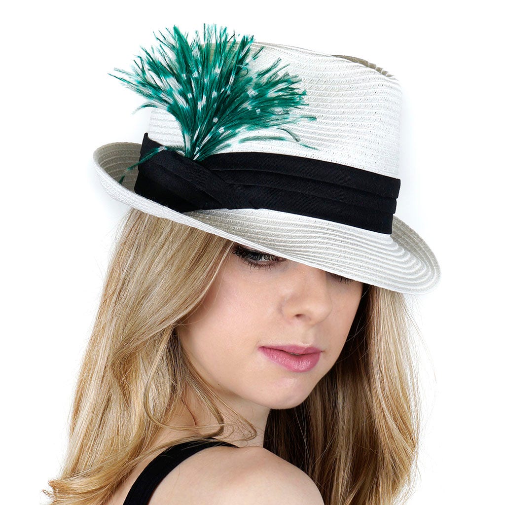Stenciled Ostrich Pom Pom Corsage/Pin - Emerald/White