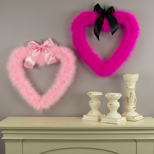 Decorative Candy Pink Heart Shaped Feather Wreath and Wall Art