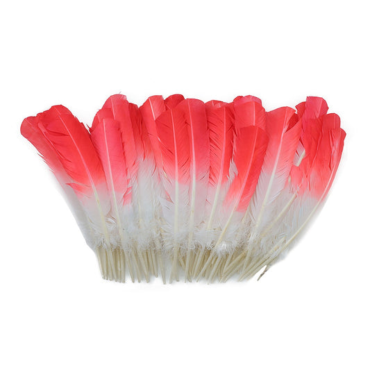 Bulk Two Tone Ombre Tipped Turkey Round Feathers Left Wing - 10-12” - 1/4 lb - Coral/White