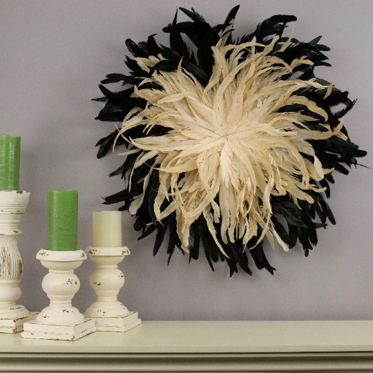 African JuJu Hat Feather Wall Art and Decor - Large - Black-Beige