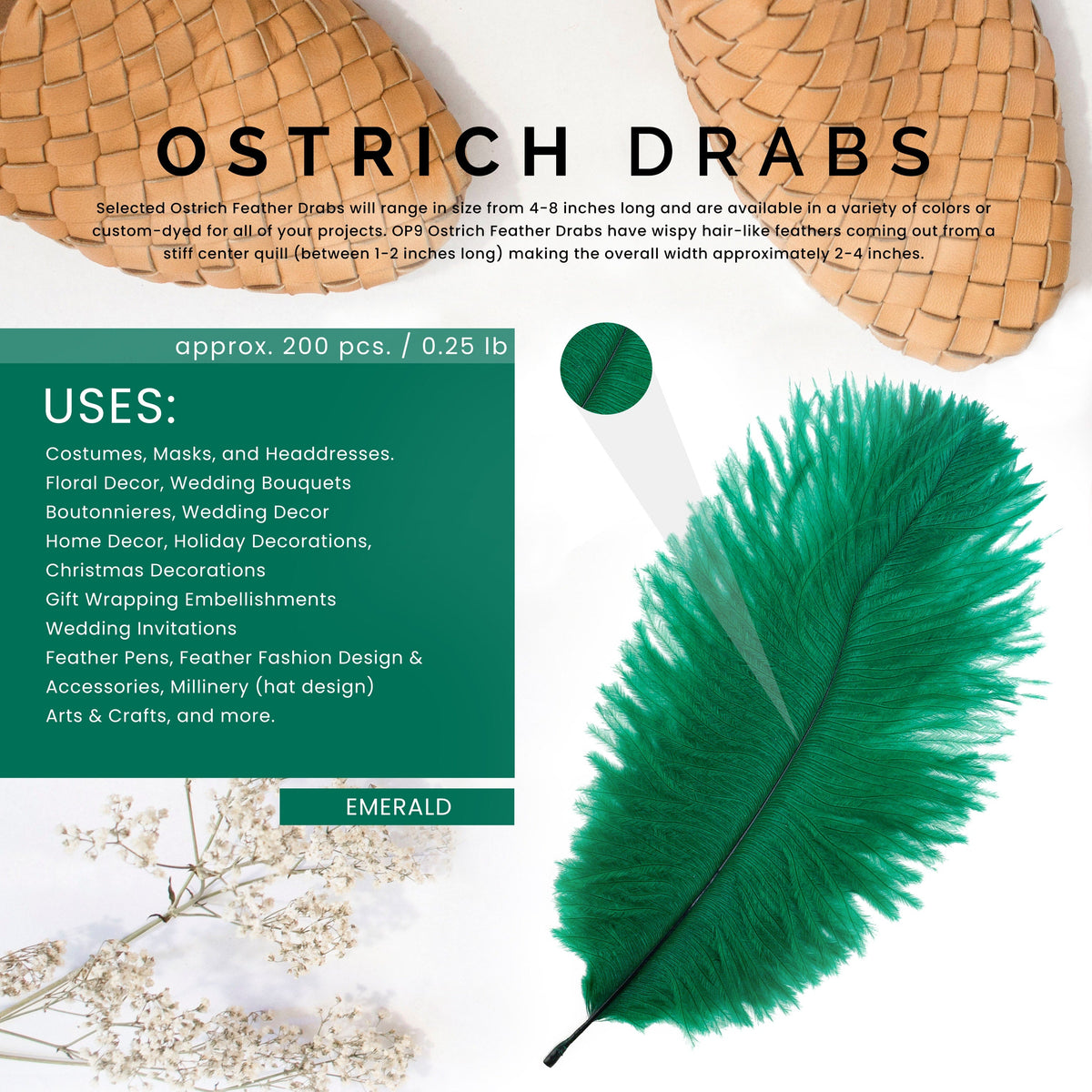 Bulk Feather Ostrich Drabs - 4-8" 1/4 lb Emerald Green