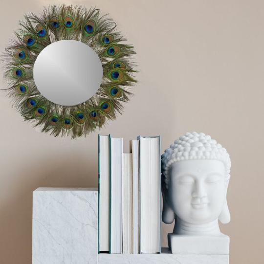 Peacock Feather Wall Art with Silver Mirror