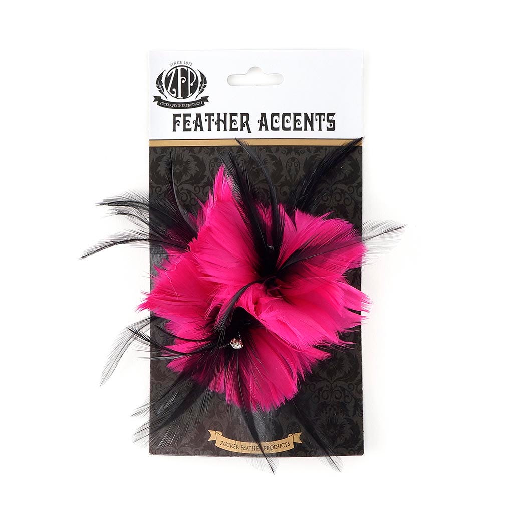 Feather Corsage-Coquille-Hackle-Jewel - Shocking Pink/Black