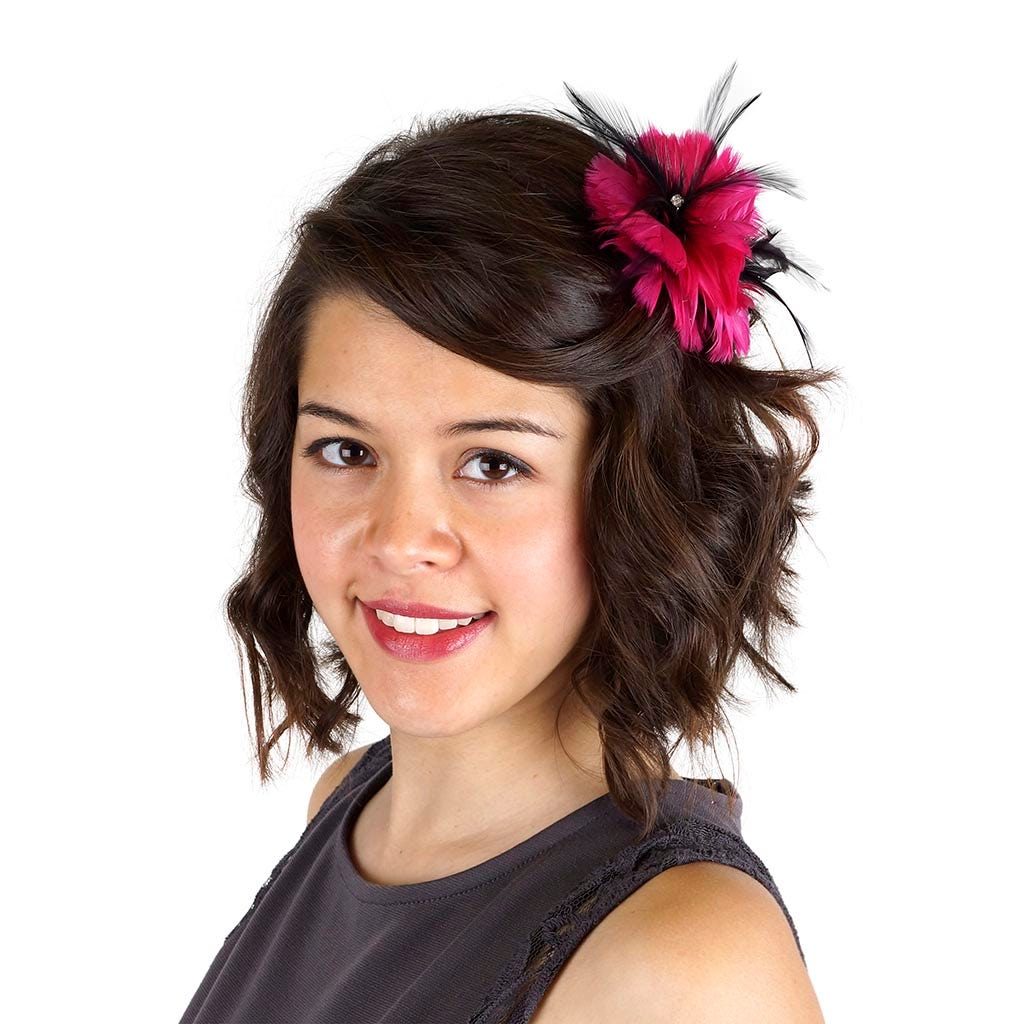 Feather Corsage-Coquille-Hackle-Jewel - Shocking Pink/Black