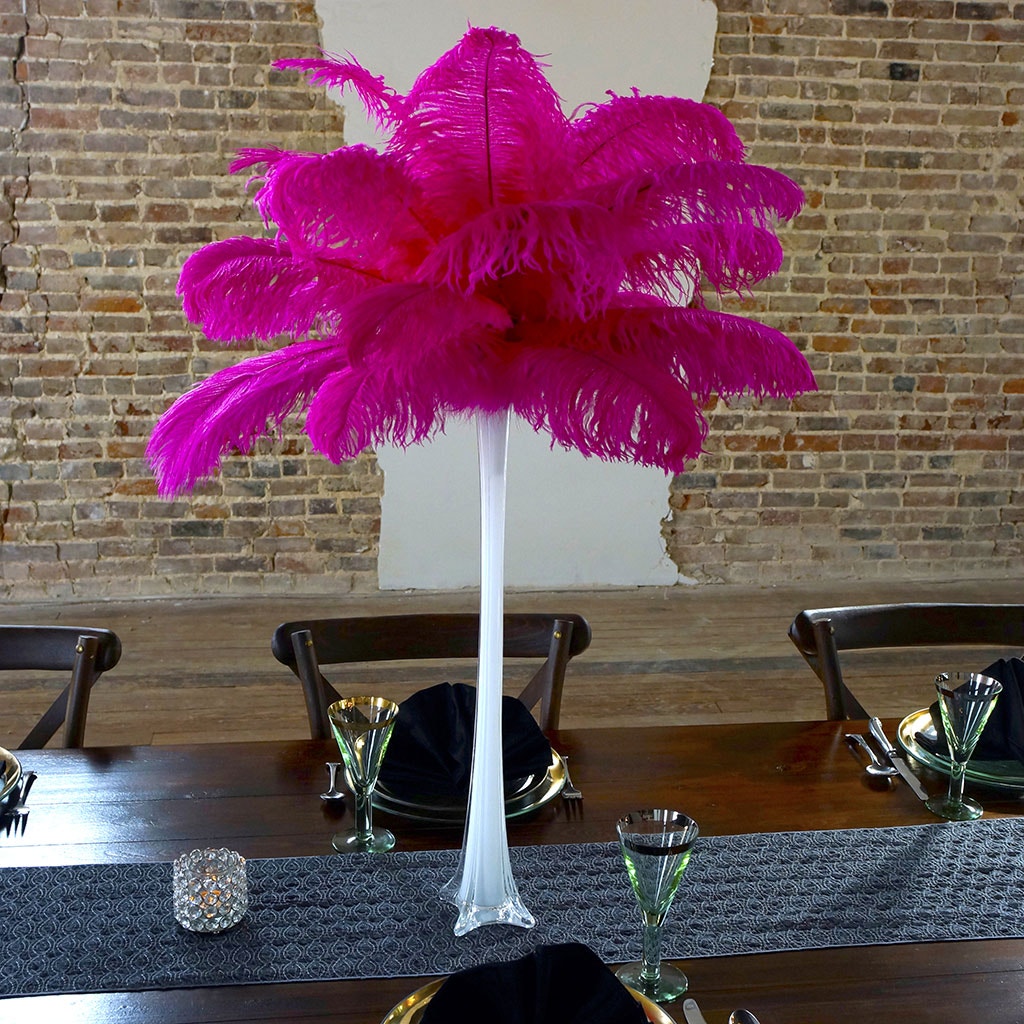 Ostrich Eiffel Tower Centerpiece Shocking Pink w/White Vase