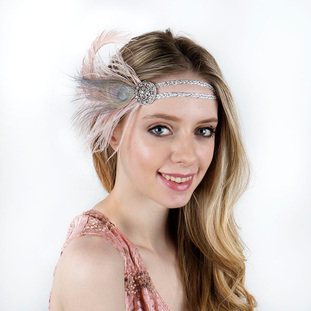 Feather Headband w/Ostrich/Peacock Champagne/Iris