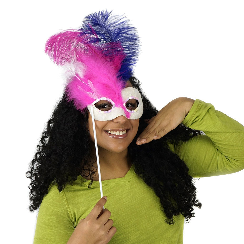 Pink-White Feather Mask w/Ostrich Feathers Shocking Pink/Regal