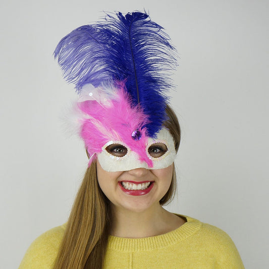 Pink-White Feather Mask w/Ostrich Feathers Lavender/Regal