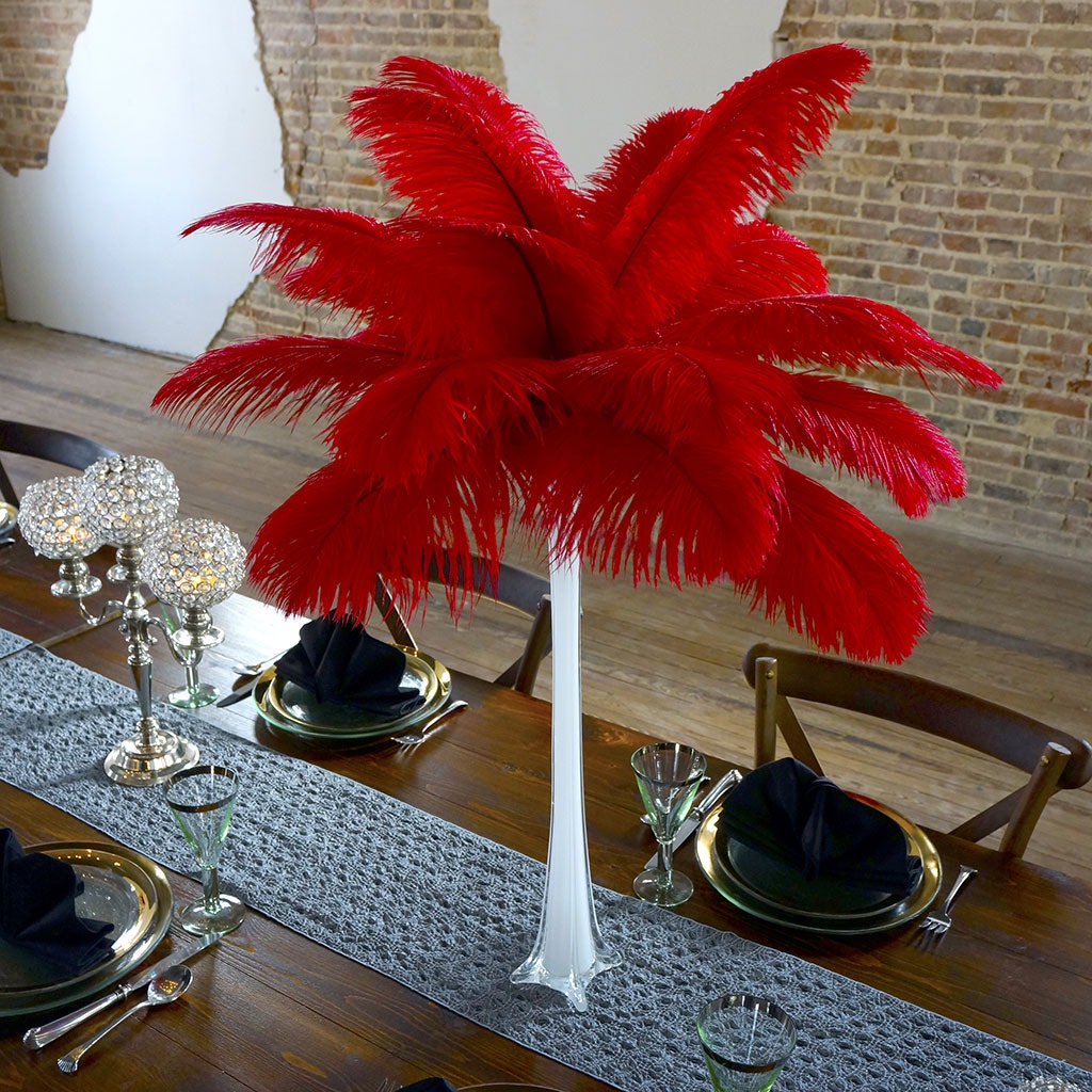 Ostrich Eiffel Tower Centerpiece Red w/White Vase