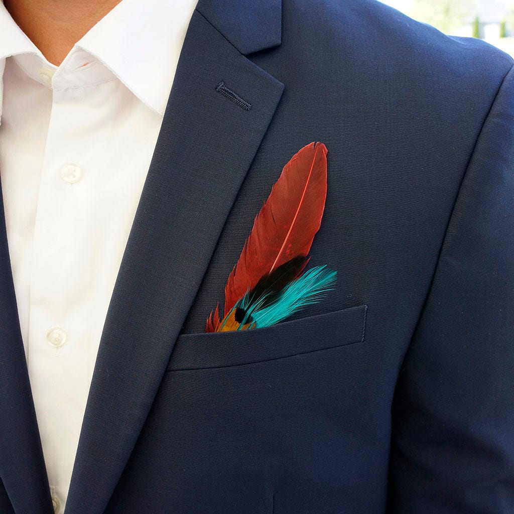 Pheasant Hackle Feather Hat Trims - Dark Aqua- Tango Red - Natural