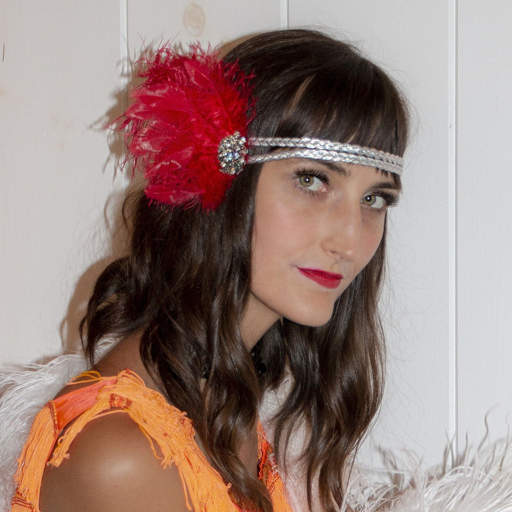 Feather Headband w/Ostrich/Schlappen Red/Silver