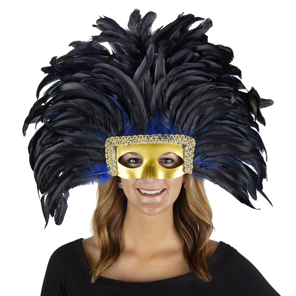 Feather Headdress Mask-Dyed - Royal