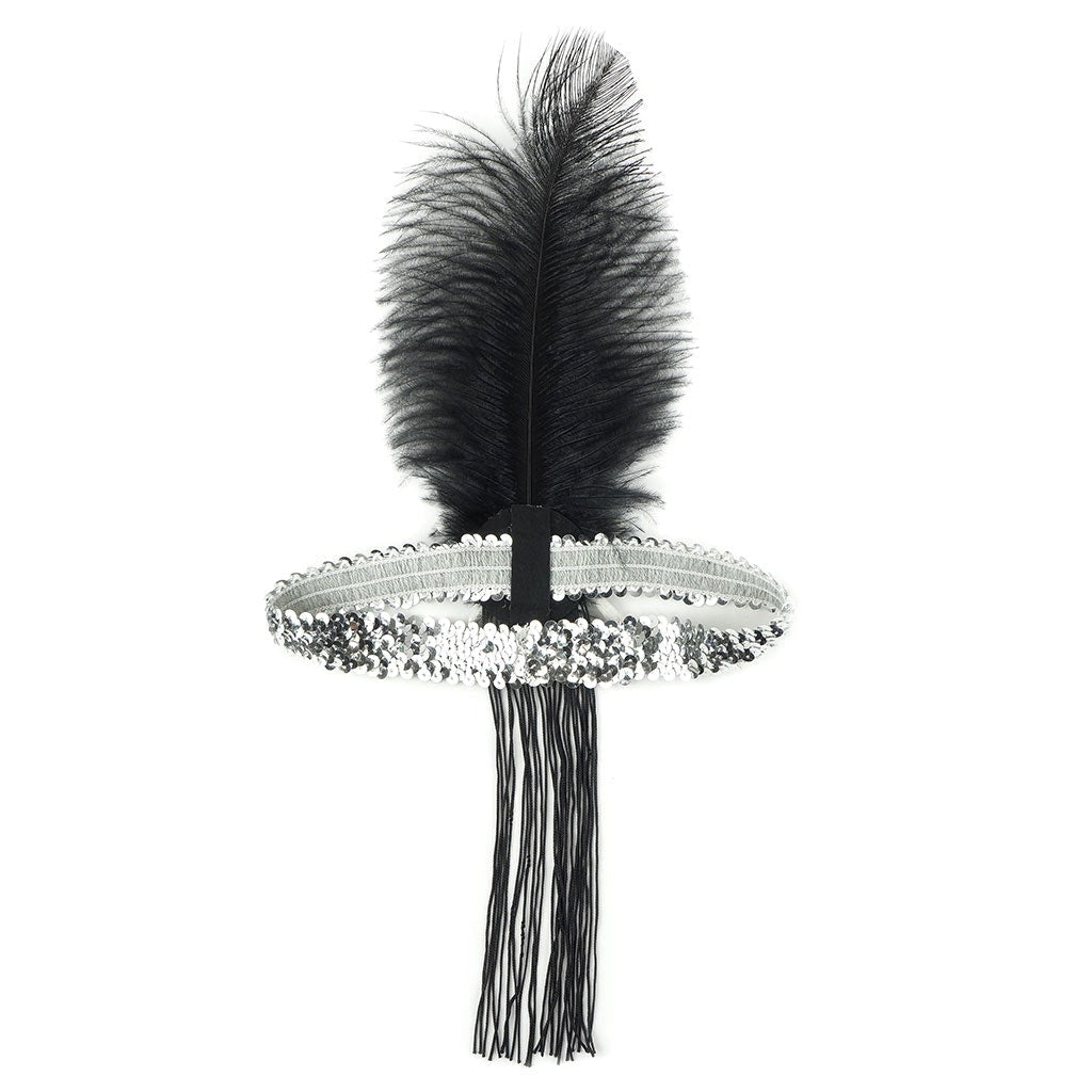 Flapper Feather Headband w/Tassel - Silver and Black