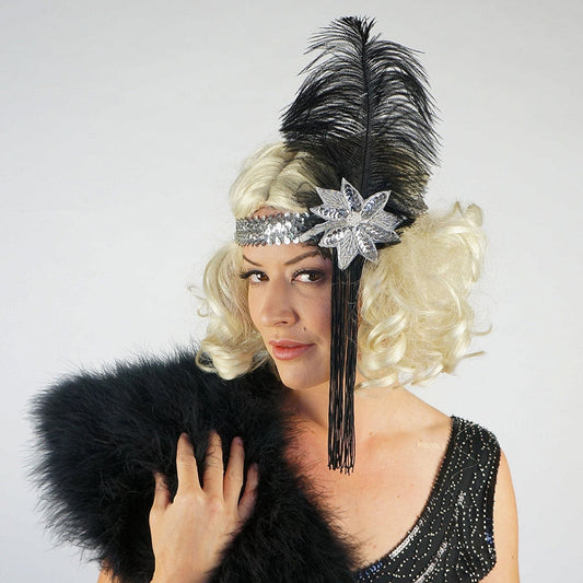 Flapper Feather Headband w/Tassel - Silver and Black