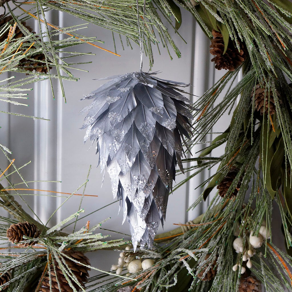 Silver Pine Cone Ornament w/Glitter