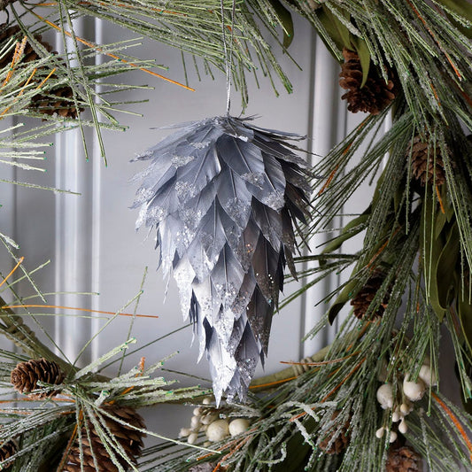 Silver Pine Cone Ornament w/Glitter