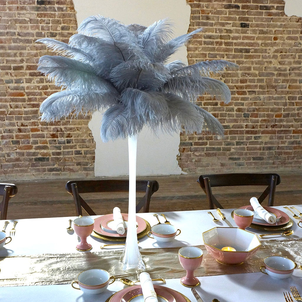 Ostrich Eiffel Tower Centerpiece Silver w/White Vase
