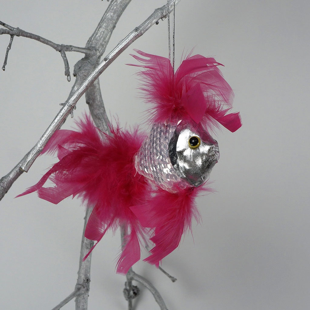 Feather Fish Ornament Silver/Shocking Pink