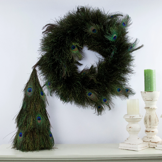 Peacock Flue 18" Tree w/Peacock Eyes ON WOOD Frame