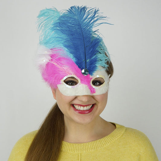 Pink-White Feather Mask w/Ostrich Feathers Lt Turq/Dk Turq