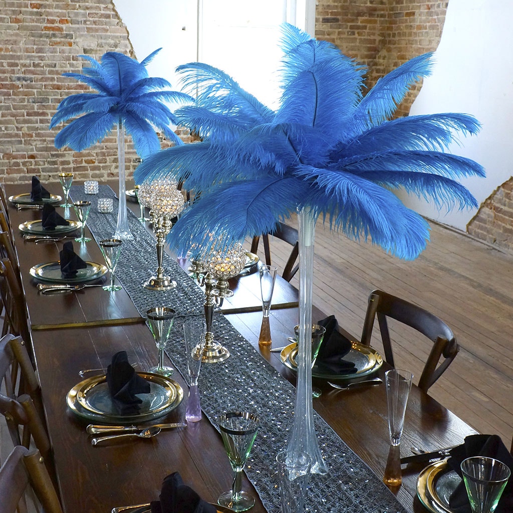 Ostrich Eiffel Tower Centerpiece Dark Turquoise w/Clear Vase