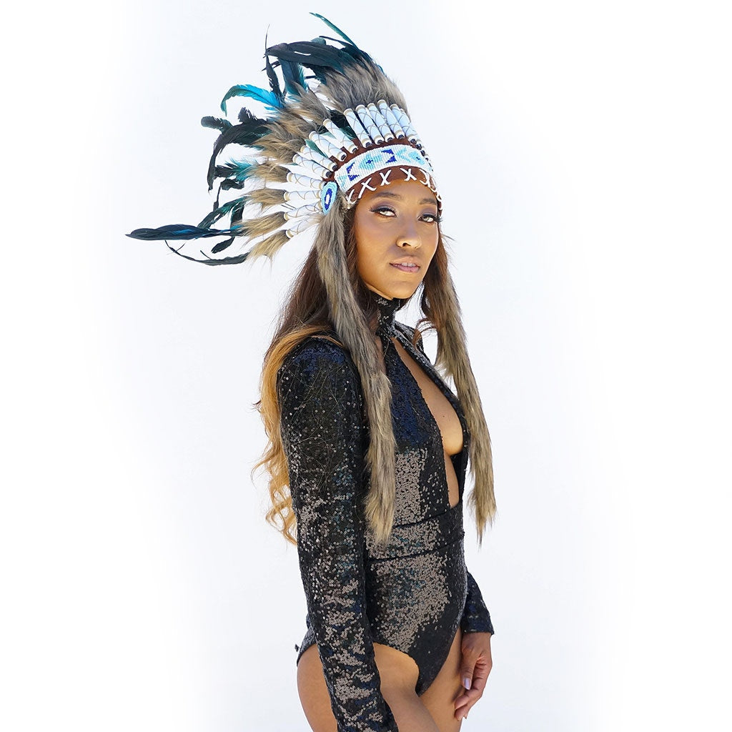 Tribal Style Feather Headdress - Dark Turquoise