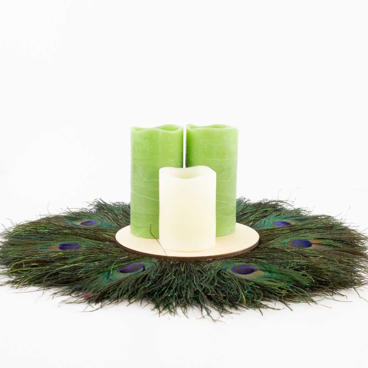 Table décor 8” Wood Ctr W/Peacock Flue and Eyes, 18” Dia