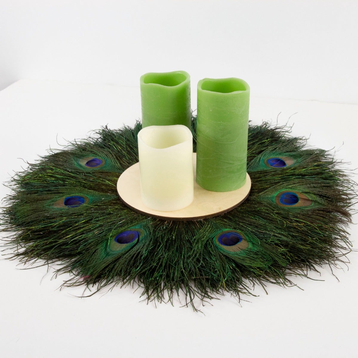 Table décor 8” Wood Ctr W/Peacock Flue and Eyes, 18” Dia