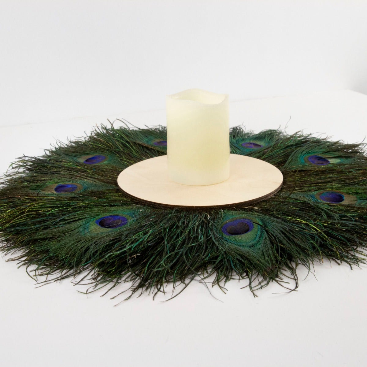 Table décor 8” Wood Ctr W/Peacock Flue and Eyes, 18” Dia