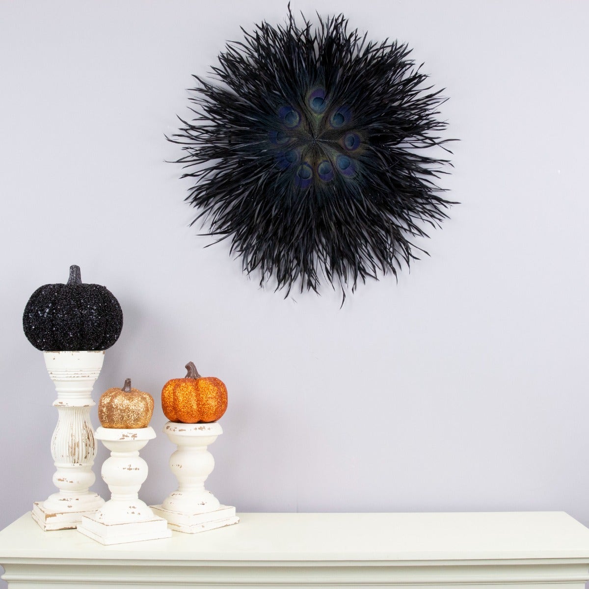Goose Biots Wall Decor with Peacock Accents - 11.5" dia Wooden Base, 24" Dia with Feathers