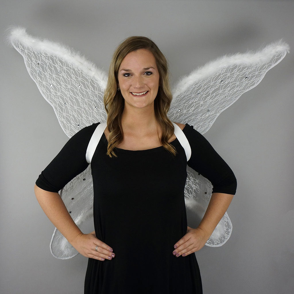 Adult White Angel Costume Wings - Large Fairy Butterfly Lace and Feather Wings, Sexy Halloween or Cosplay Accessories
