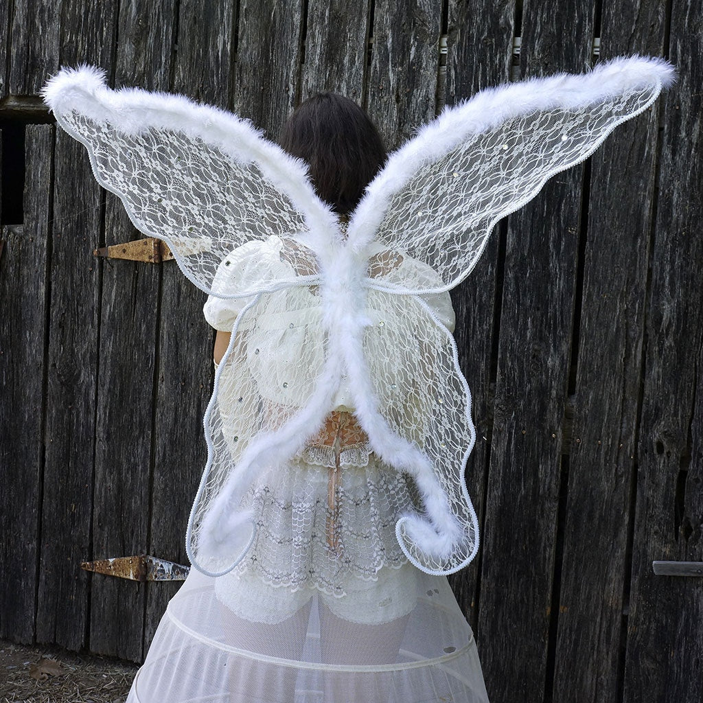 Adult White Angel Costume Wings - Large Fairy Butterfly Lace and Feather Wings, Sexy Halloween or Cosplay Accessories