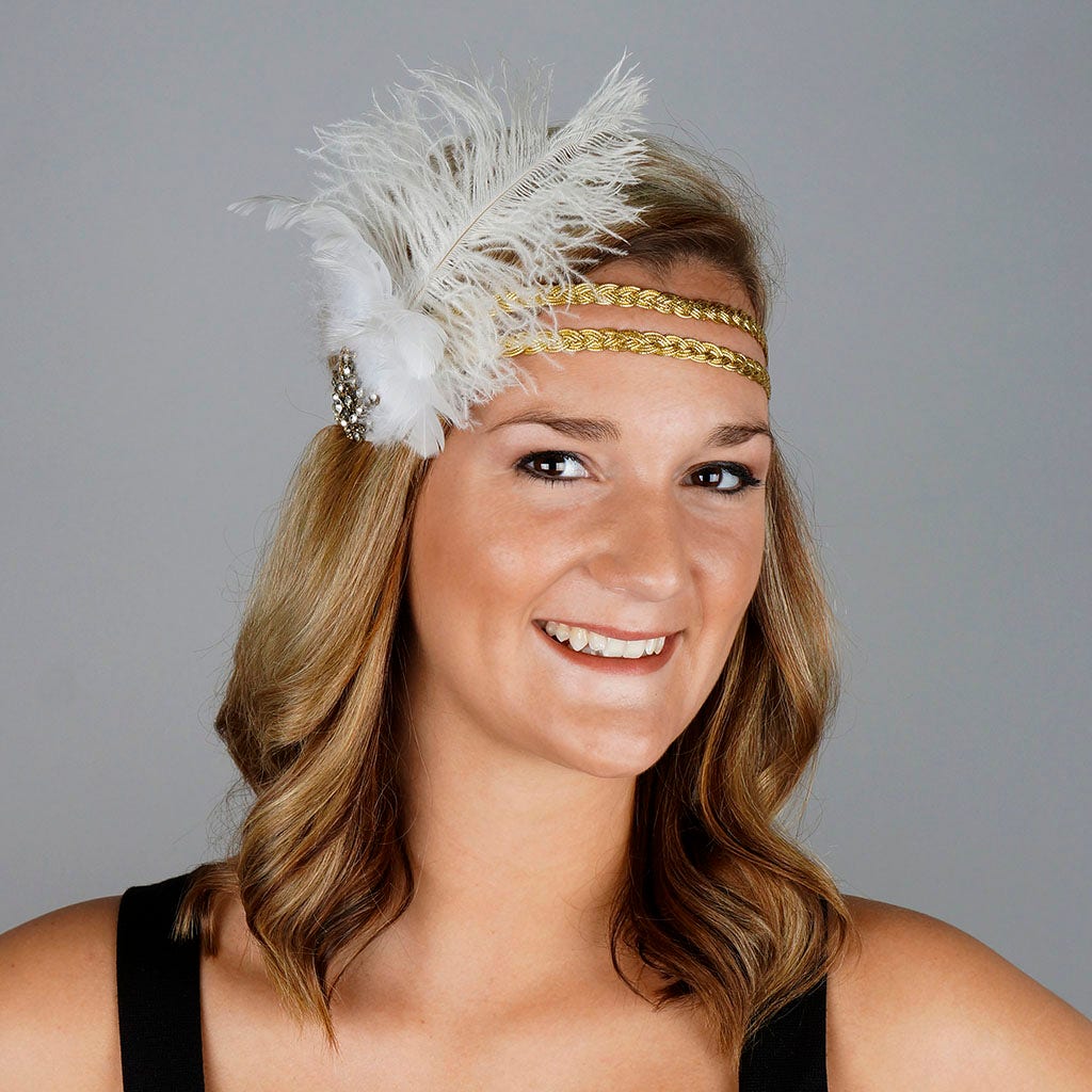 Feather Headband w/Ostrich/Schlappen White/Gold
