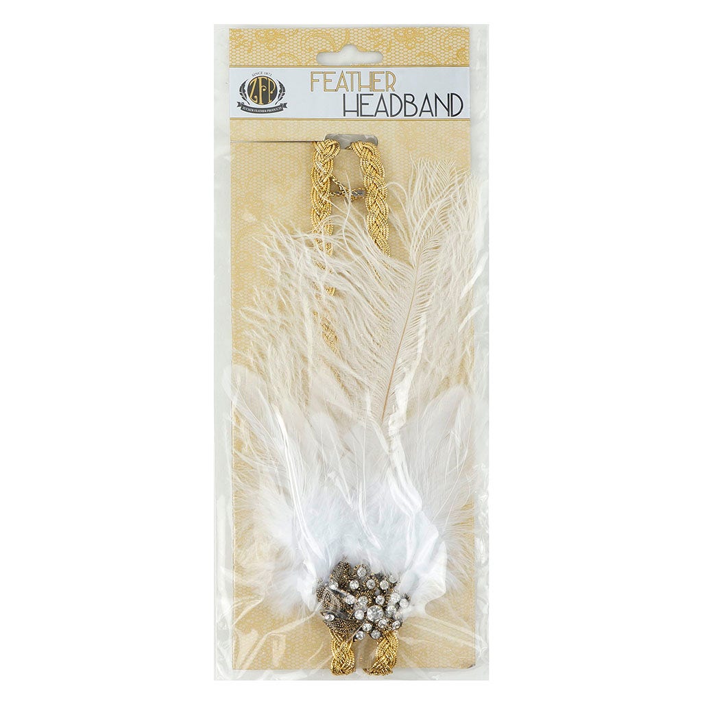 Feather Headband w/Ostrich/Schlappen White/Gold